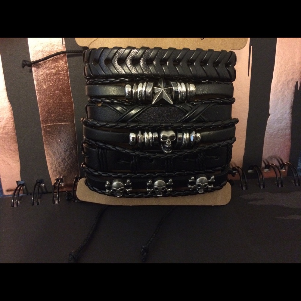 6 Piece Leather Skull Bracelet Set